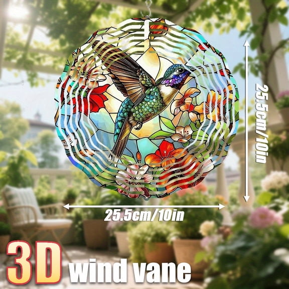 HELLOYOUNG Wind Chimes Outdoor Decor - 3D Stained Glass Hummingbird Wind Chime, 10 Inch 360° Rotating with Vivid Floral Design, Durable Iron Metal Hanging Decor for Garden Patio Indoor