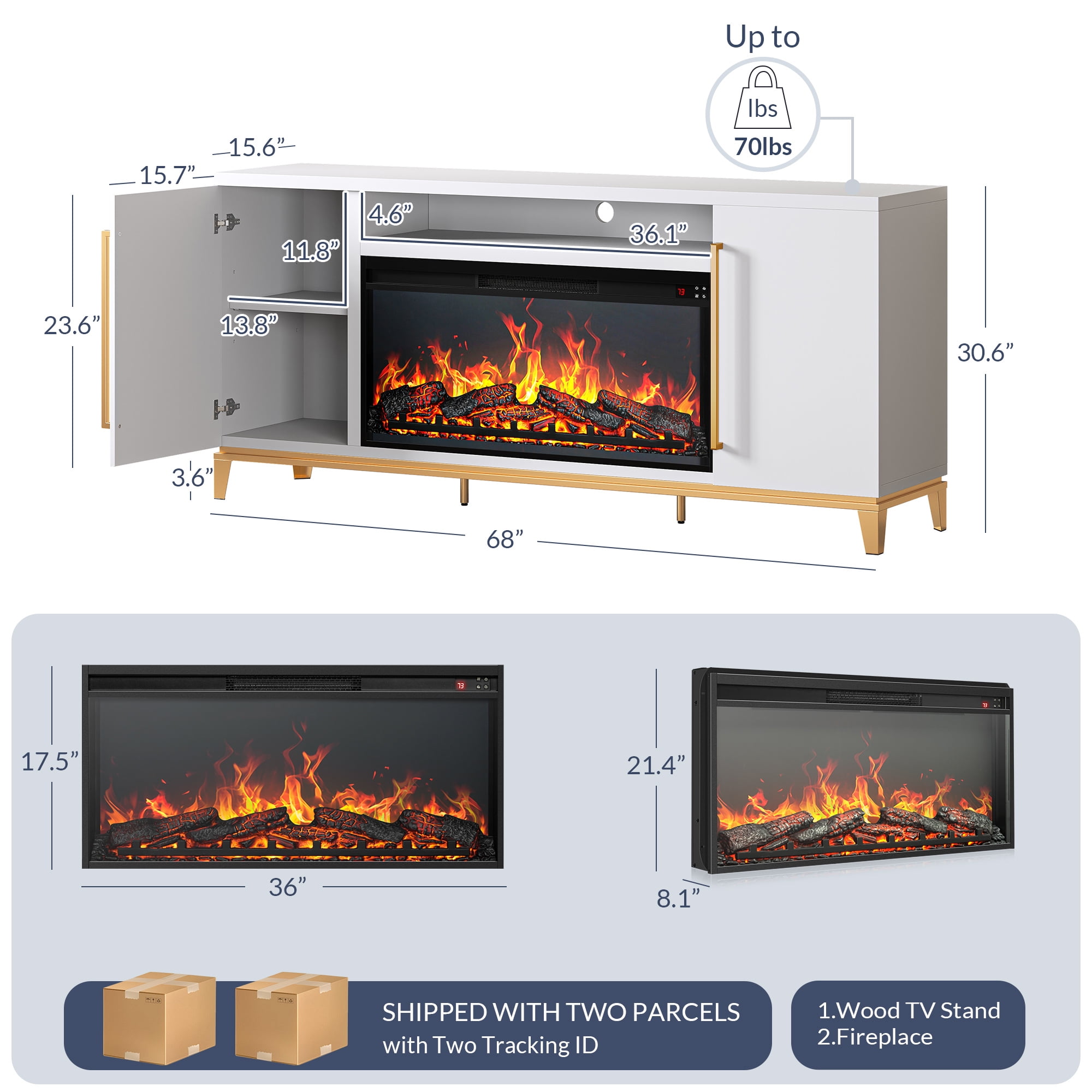 BELLEZE Fireplace TV Stand with 36" Electric Fireplace, Entertainment Center for TVs Up to 75", TV Console with Storage Cabinet and Open Shelf for Living Room, Bedroom - London (White)