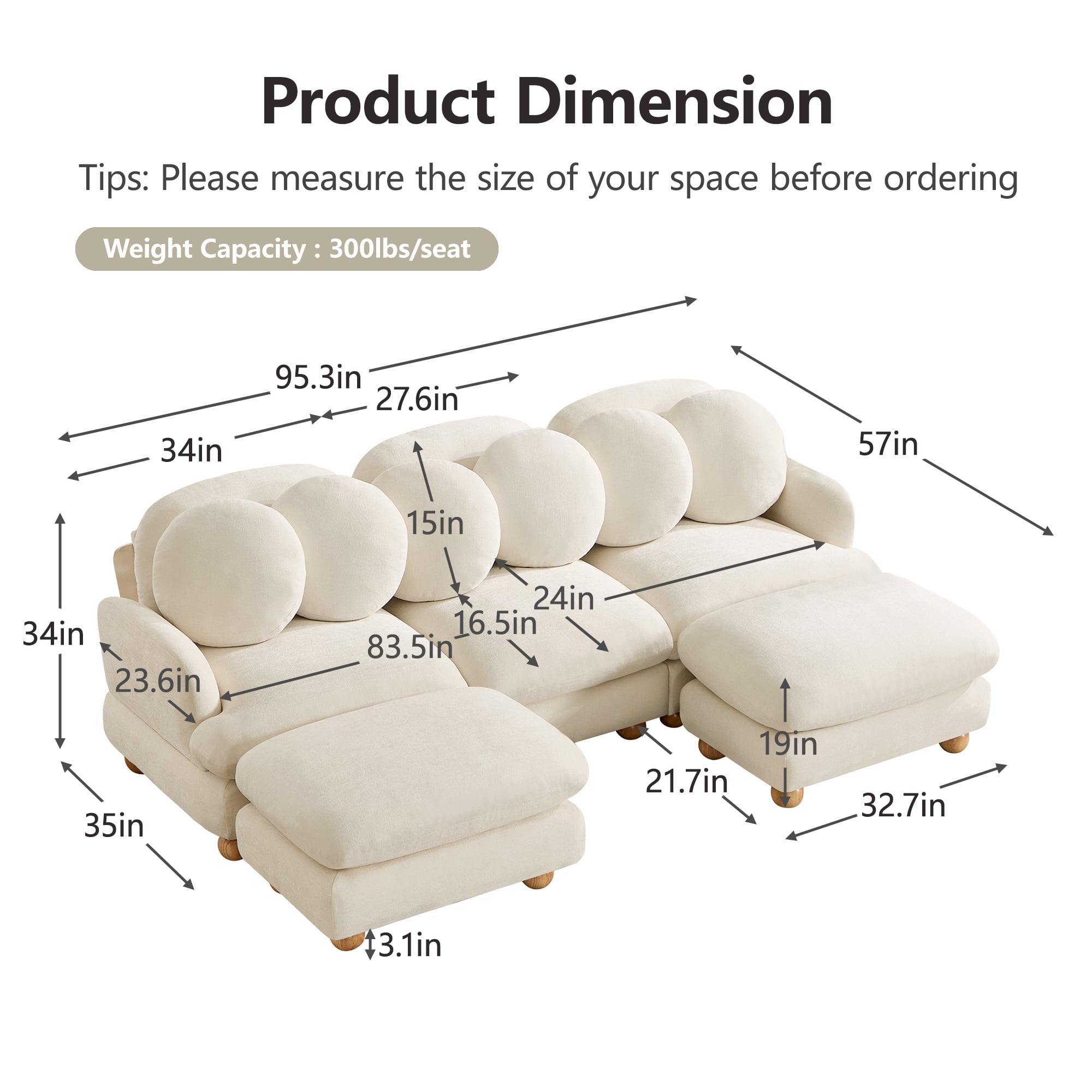 95" U-shaped 5 Seater Chenille Modular Sectional Sofa Couch with 6 Throw Pillows and 2 Ottoman