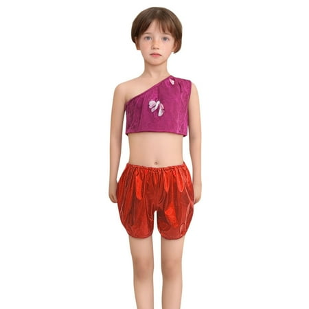 HNMKIU Girls Loose Fit Dance Shorts with Gold Bronzed Design for Childrens Performance and Play Red 2-5 Years