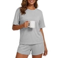 thumbnail image 5 of Mecto Women's Classic Striped Pajama Set Short Sleeve Round Neck Soft Stretchy Breathable Sleepwear with Side Slit Shorts Size M, 5 of 6