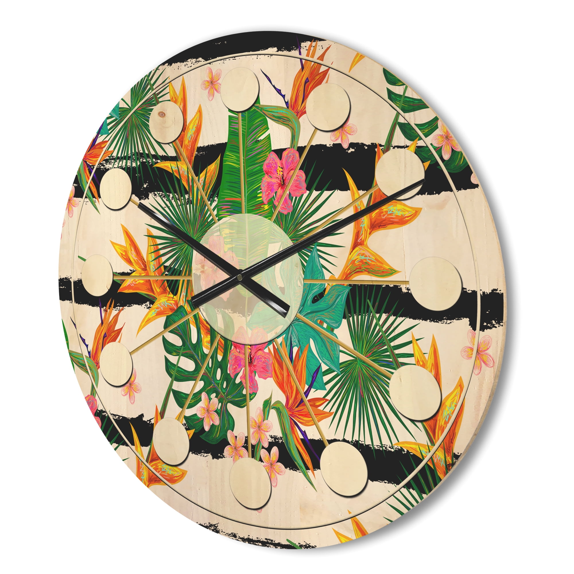 Designart 'Tropical Leaves Retro Pattern II' Mid-Century Modern Wood Wall Clock