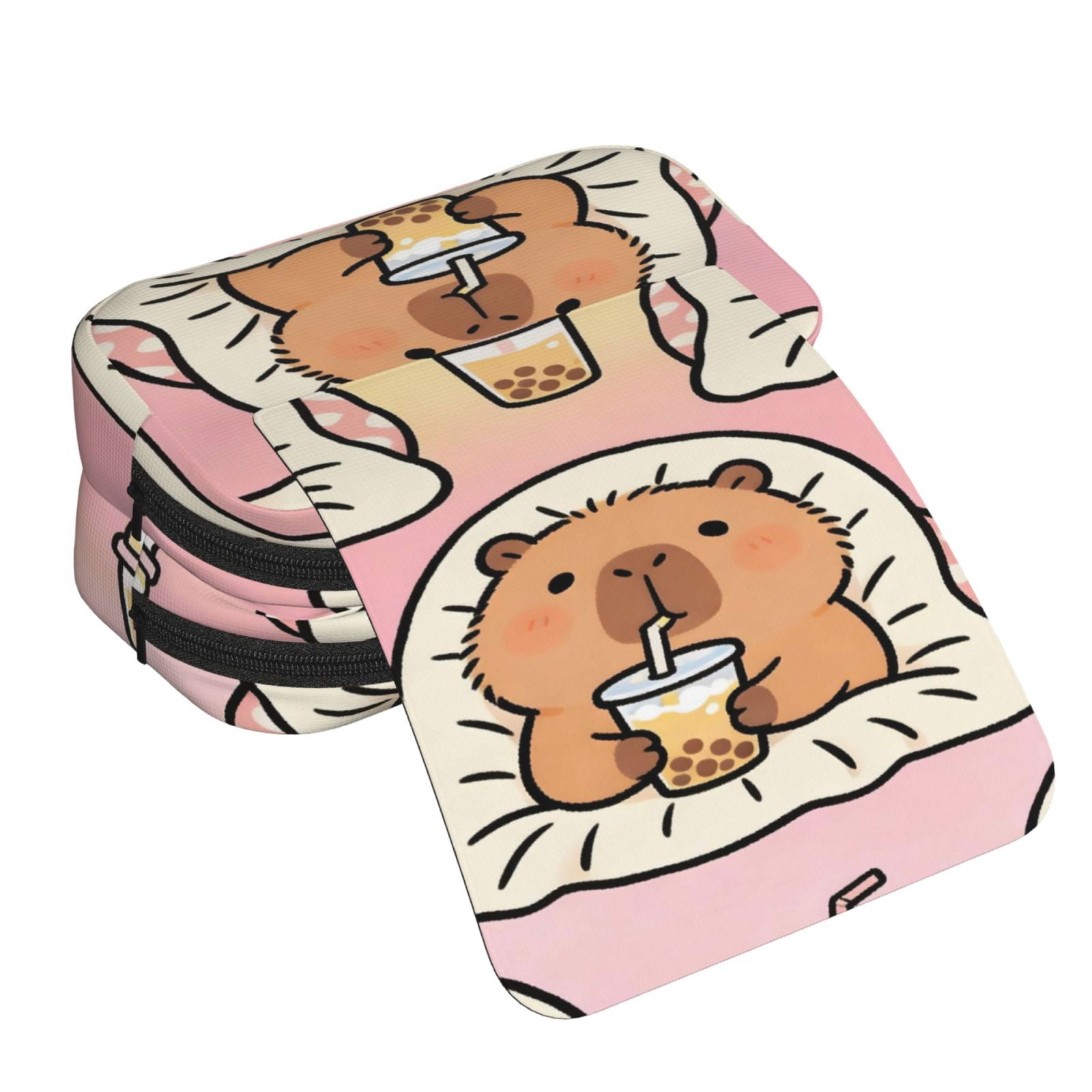 Large-Capacity Flip-Top Double-Layer Pencil Case, Multi-Functional Pocket Pen Case, Durable Stationery Organizer Capybara Lounging While Sipping Bubble Tea
