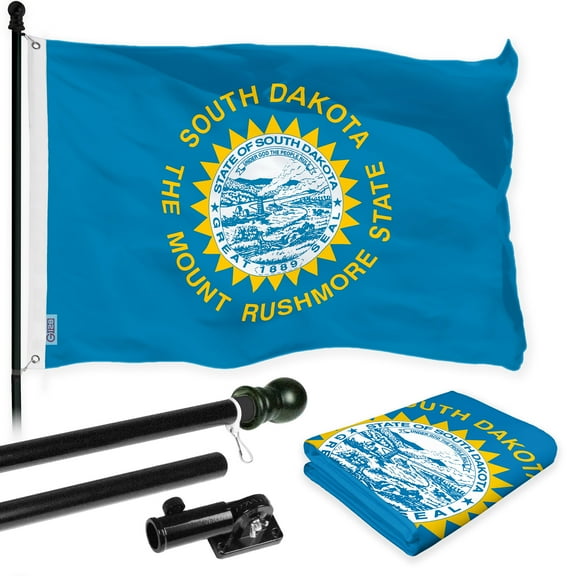 G128 Combo Pack: 6 Ft Tangle Free Spinning Flagpole (Black) & South Dakota Flag 3x5 Ft Printed 150D Polyester, Brass Grommets (Flag Included) Aluminum Flag Pole