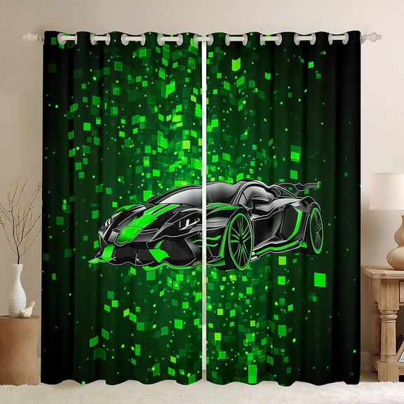 Feelyou Green Fahion Automobile Black Out Curtains, Square Honeycomb Curtains Pack of 2 (42x63 Each), Teens Kids Boys Girls Bedroom Curtains, Curtains and Drapes Decor