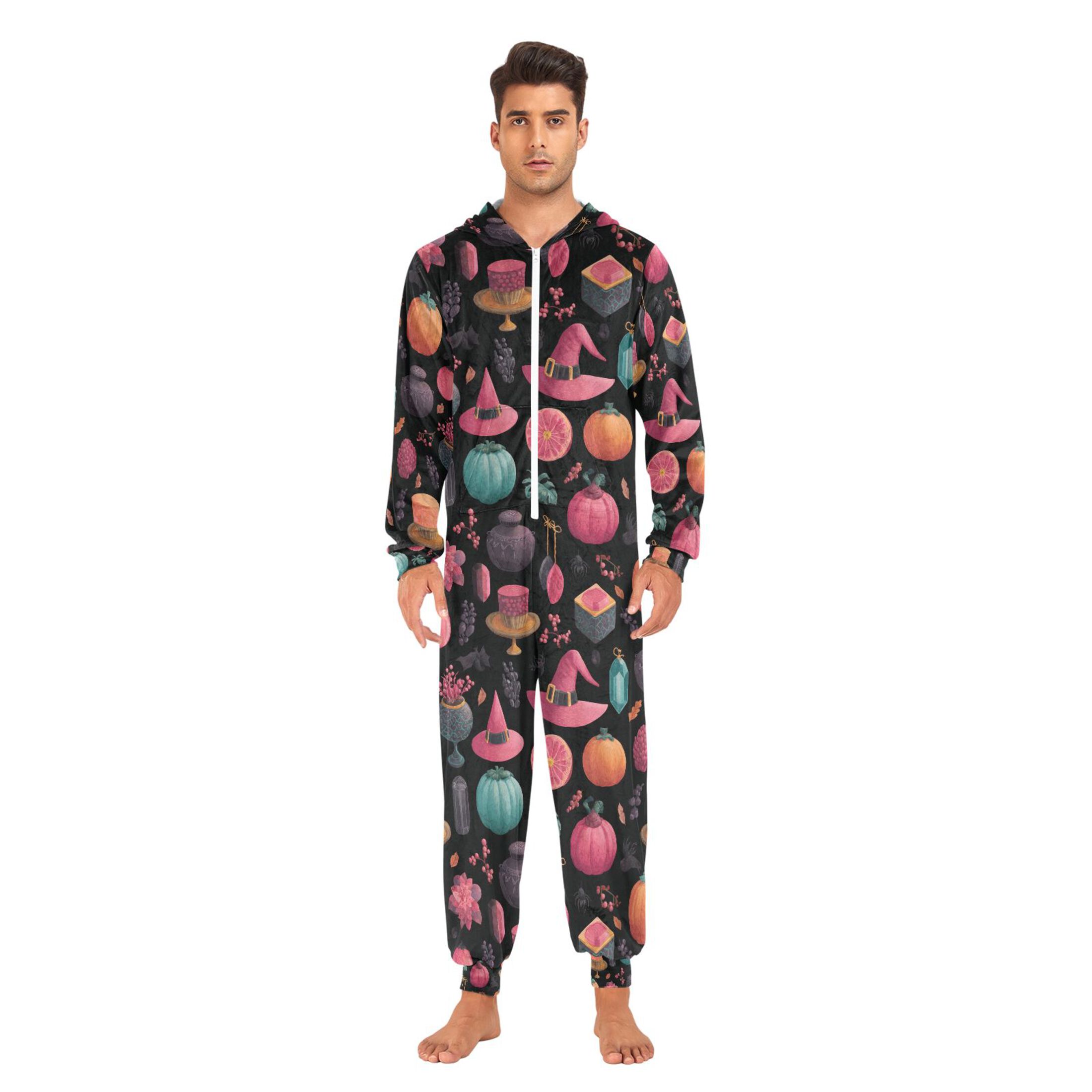 Adult Christmas Onesie Witch Hat Pink Adult Zipper One-Piece Pajamas Unisex Pajamas with Pockets