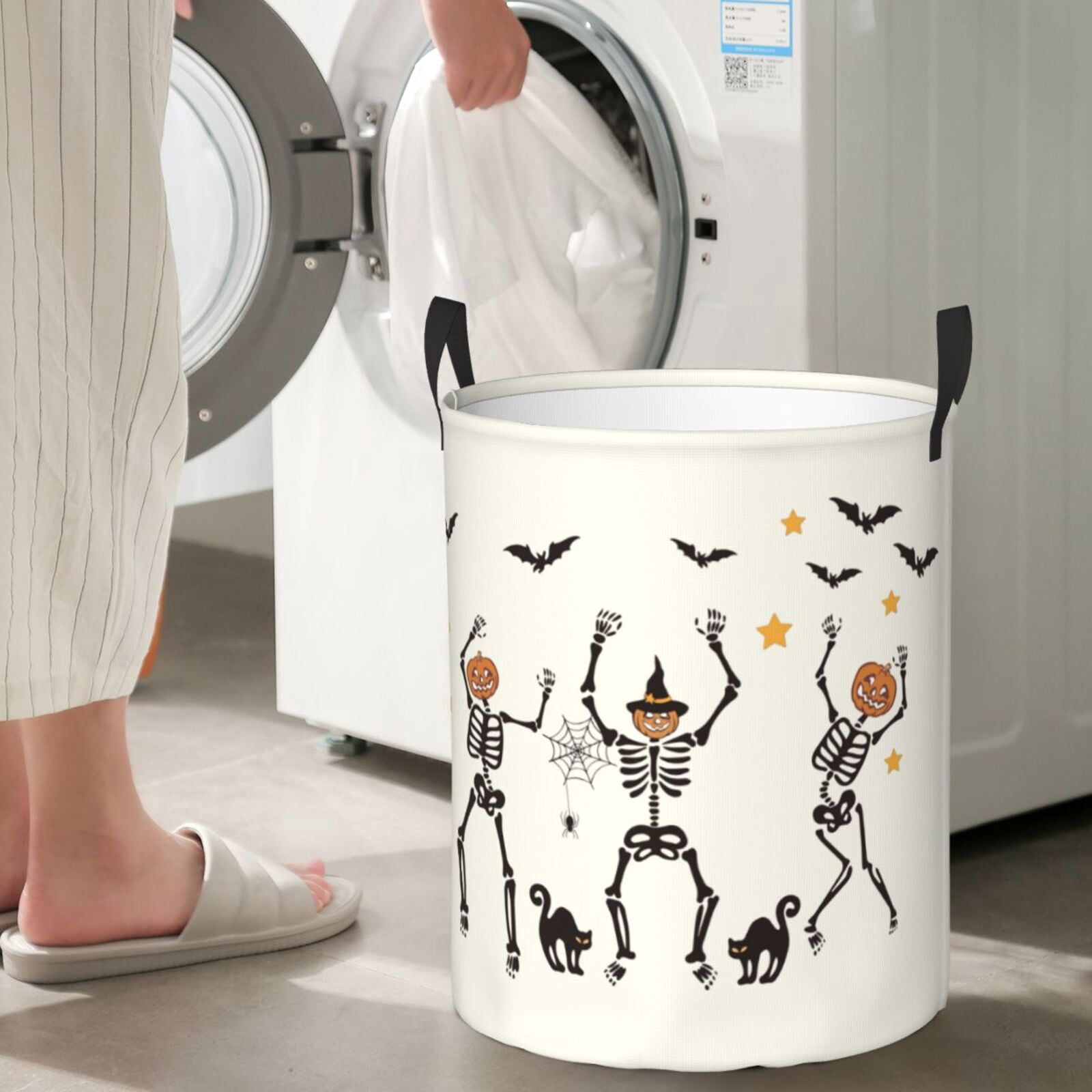 Large Laundry Basket with Handles - Halloween Dancing Funny Skull Kids Baby Dirty Clothes Laundry Hamper for Bedroom Aesthetic