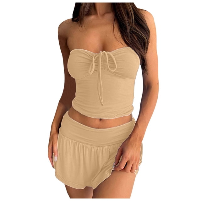 Conjunto elegante de dos piezas para mujer: top sin tirantes con falda plisada asimétrica de doble capa