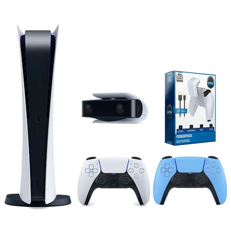 Sony Playstation 5 Digital Edition Console with Extra Blue Controller, 1080p HD Camera and Surge PowerPack Battery Pack & Charge Cable Bundle