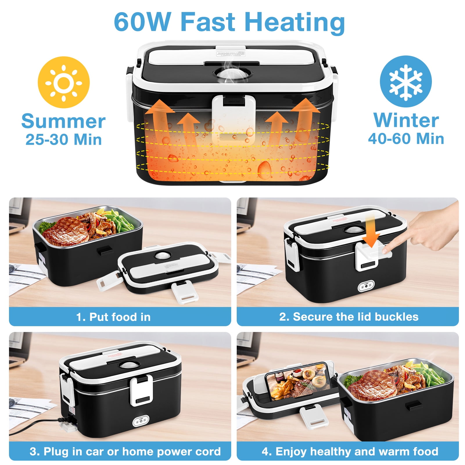 Livhil Electric Lunch Box Food Heater, Portable Food Warmer, Hot Lunch Warmer Heated Lunch Box for Adults, 60W 1.8L 12V-24V 110V Stainless Steel Container Portable Food Heater (Black+White)