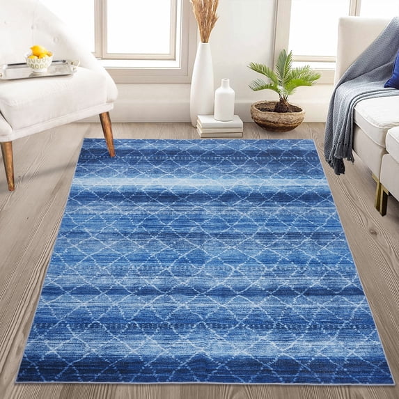 ZACOO 9' x 12' Abstract Area Rug Boho Trellis Carpet Low Pile Non-Slip Non-Shedding Rugs Modern Geometric Diamond Rug Indoor Foldable Floor Cover, Navy Blue