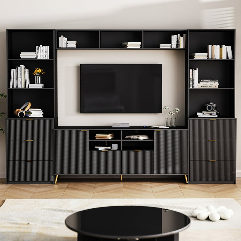 4 Piece Entertainment Wall Unit with 13 Shelves 8 Drawers and 2 Cabinets Multifunctional TV Stand Media Storage Cabinet with Fluted Line Surface for
