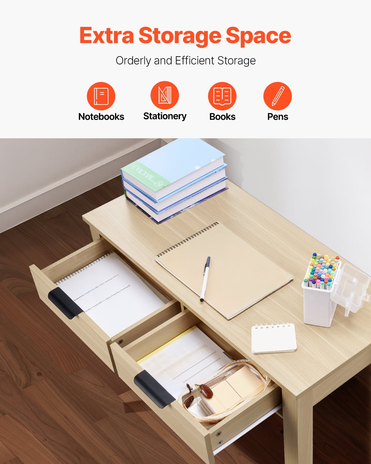 KFFKFF Study Desk with Storage, Kid's Desk Made of High Quality MDF Board, Small Desk with 2 Drawers for Studying, Reading, Painting, Contemporary Minimalist Style Desk