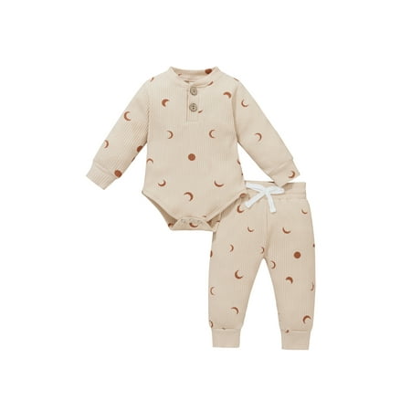 

Wassery Infant Baby Girl Knit Outfit Ribbed Moon Print Romper Bodysuit Drawstring Long Pants 2Pcs Outfit Set