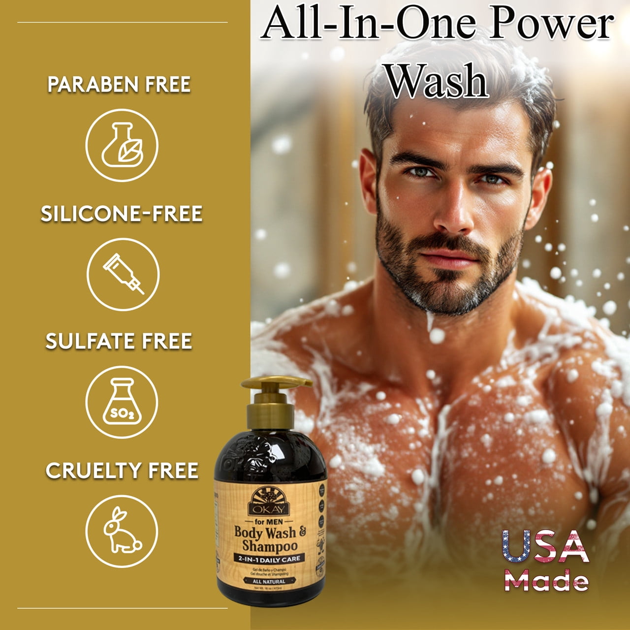 OKAY for Men Body Wash & Shampoo 2-in-1 Daily Care 16 oz – All-Natural Cleansing Wash for Hair & Body, Moisturizing & Refreshing