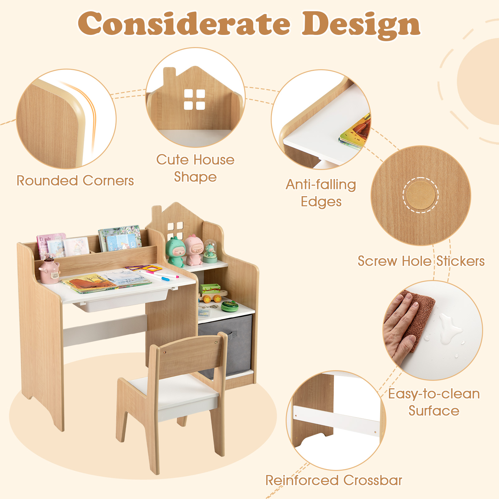 Patiojoy Kids Study Desk and Chair Set Children Study Table w/Open Shelves