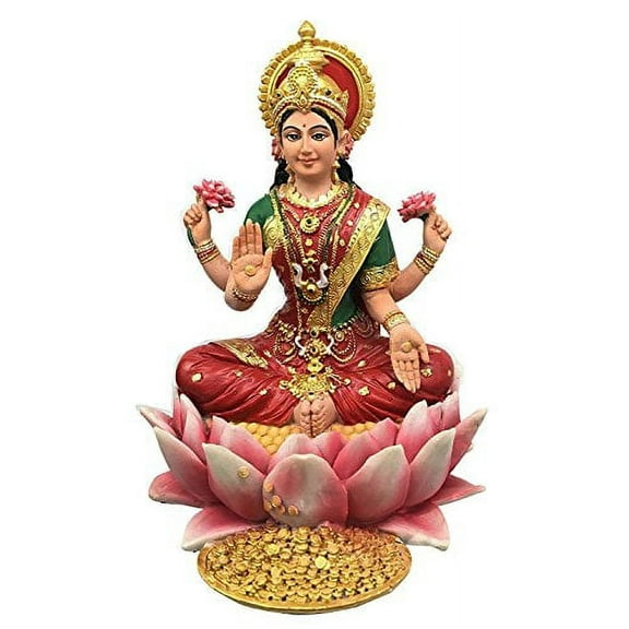 Beautiful Heavenly Hindu Prosperity Goddess Lakshmi Seated On Lotus Flower Figurine Statue In Vivid Colors