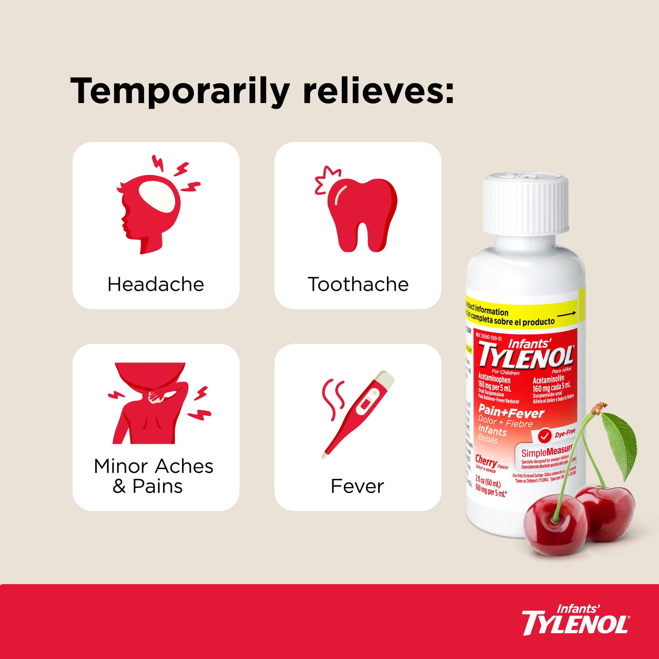 Infants’ Tylenol, Oral Suspension, Pain Reliever, Fever Reducer, No Alcohol, Cherry Flavor, 2 Fl oz