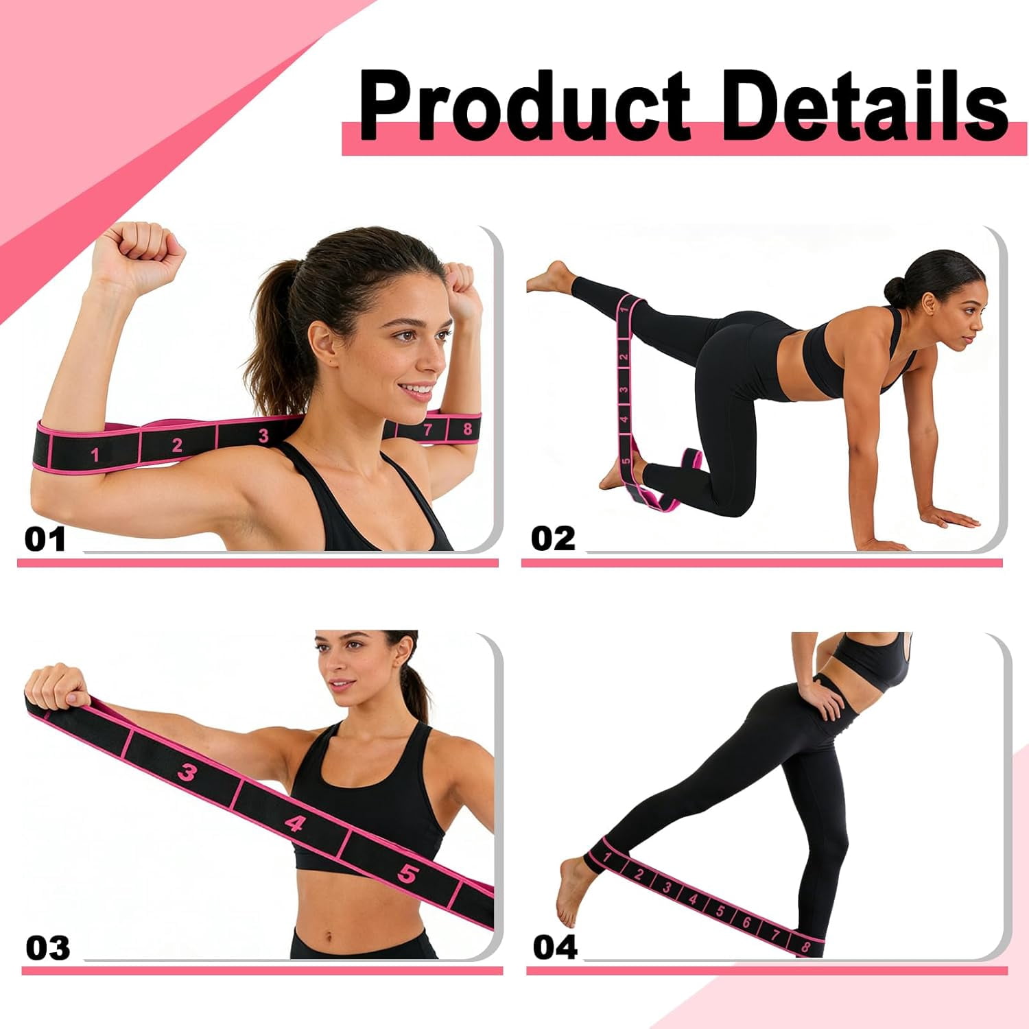 Numbered Resistance Band 5-Pack, Numbered 8-Section Elastic Stretch Bands for Yoga, Pilates, Stretching, Glutes, Full Body Workout