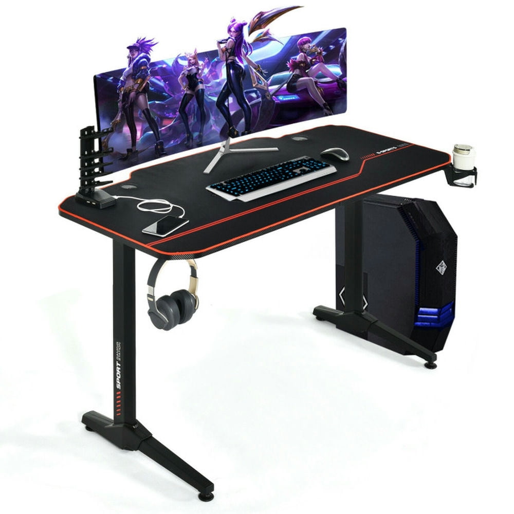 Demi Bonn 55" Gaming Desk with Free Mouse Pad with Carbon Fiber Surface, Small Home Office Desk Study Writing Table, Black
