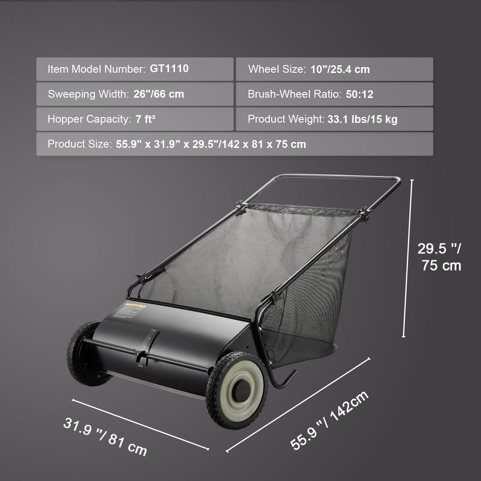 26 Inch Push Lawn Sweeper with 7 Cubic Foot Mesh Bag 4 Rotating Brushes Heavy Duty Steel Construction Durable Rubber Wheels