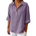 thumbnail image 2 of DENGDENG 3/4 Sleeve Linen Tops for Women Casual Button V Neck Collared Tunic Summer Spring Boho Blouses Outfits, #01 Purple XXL, 2 of 7