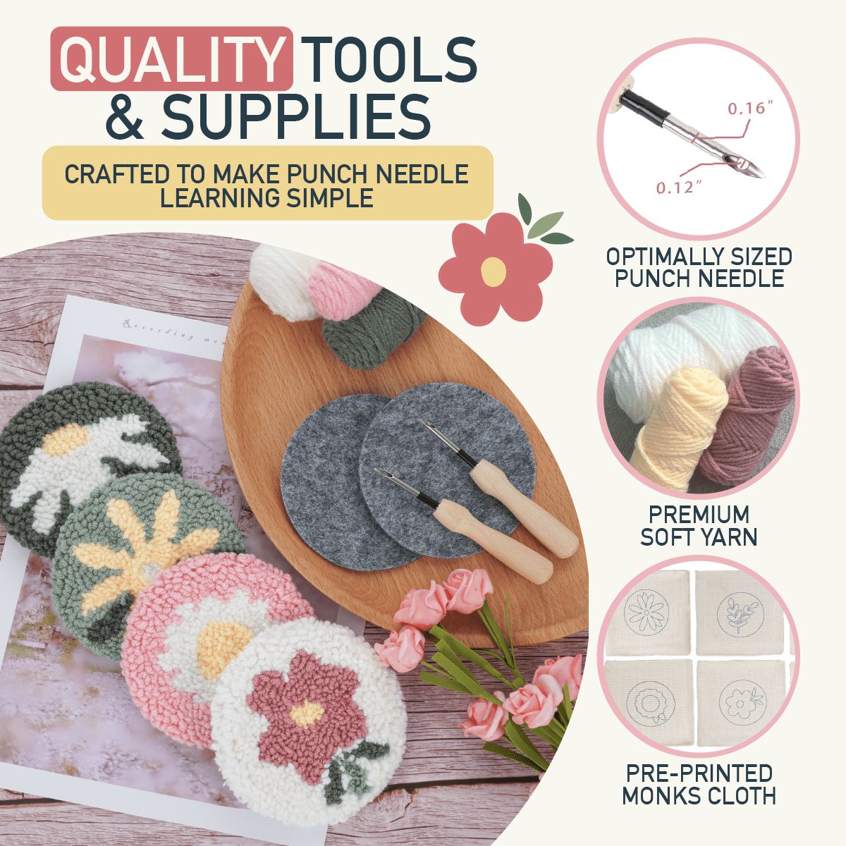Emri Lane Floral Punch Needle Kit for Beginners Includes Embroidery Hoop, Punch Needle Tools Yarn and Monk Cloth DIY Craft Set of 6