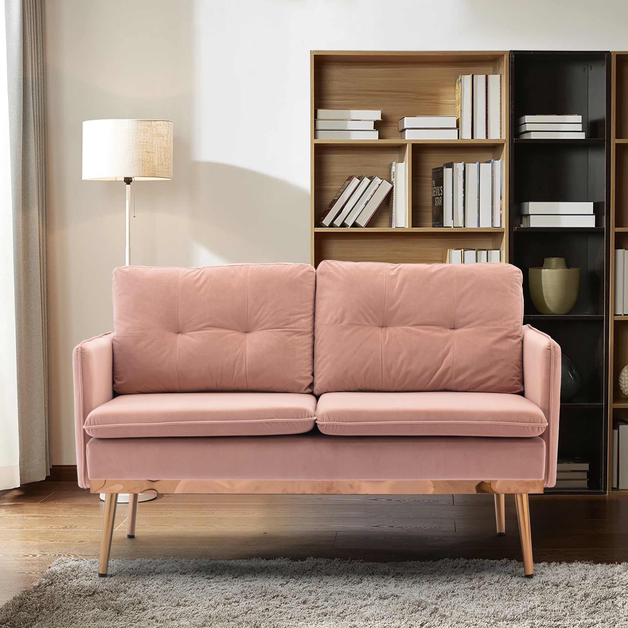 Modern Lounge Tufted Couch Velvet Club Sofa with Rose Golden Legs, 2 Seater Small Sofa Chair