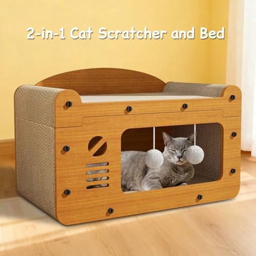 Cat Scratcher House, 2 in 1 Cat Bed and Cave with Hanging Ball Toys, Wooden Scratching Board for Kittens and Adult Cats