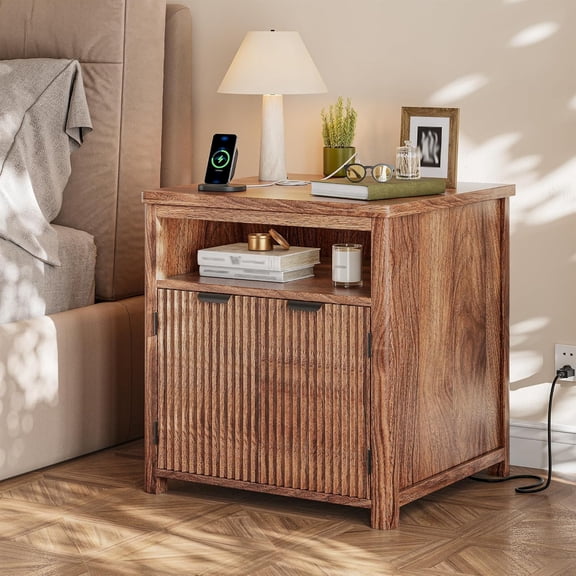 Homkdom Fluted Nightstand with Charging Stations, 23.6" Wide Walnut Nightstand with Storage Drawers, Side Tables, Modern Farmhouse End Tables for Bedroom, Walnut Brown