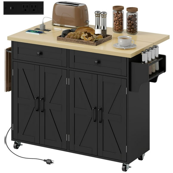 HOMCOM Kitchen Island w/ Storage and Charging Station, Rolling Kitchen Cart