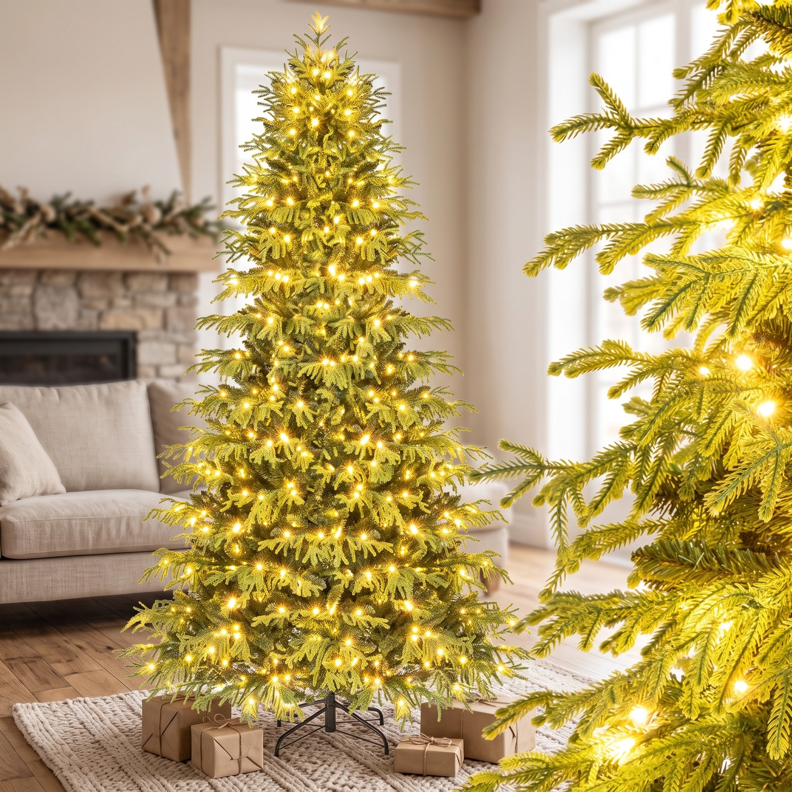 RUIE 8 FT Artificial Christmas Tree with 470 Warm White LED Lights, Pre-Lit Hinged Xmas Tree with 1470 PVC Mixed Branch Tips and Folding Metal Stand for Holiday, Green