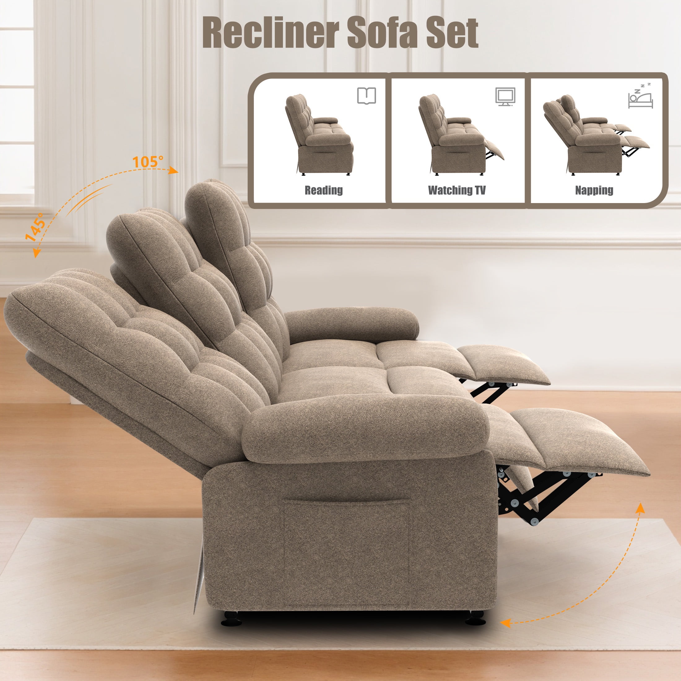 Recliner Sofa Couch Set, 3 Seat Electric Recliner with Remote Control and Side Pocket for Families and Friends, Modern Power Recliner Sofa for Living Room Home Theater, Deep Coffee