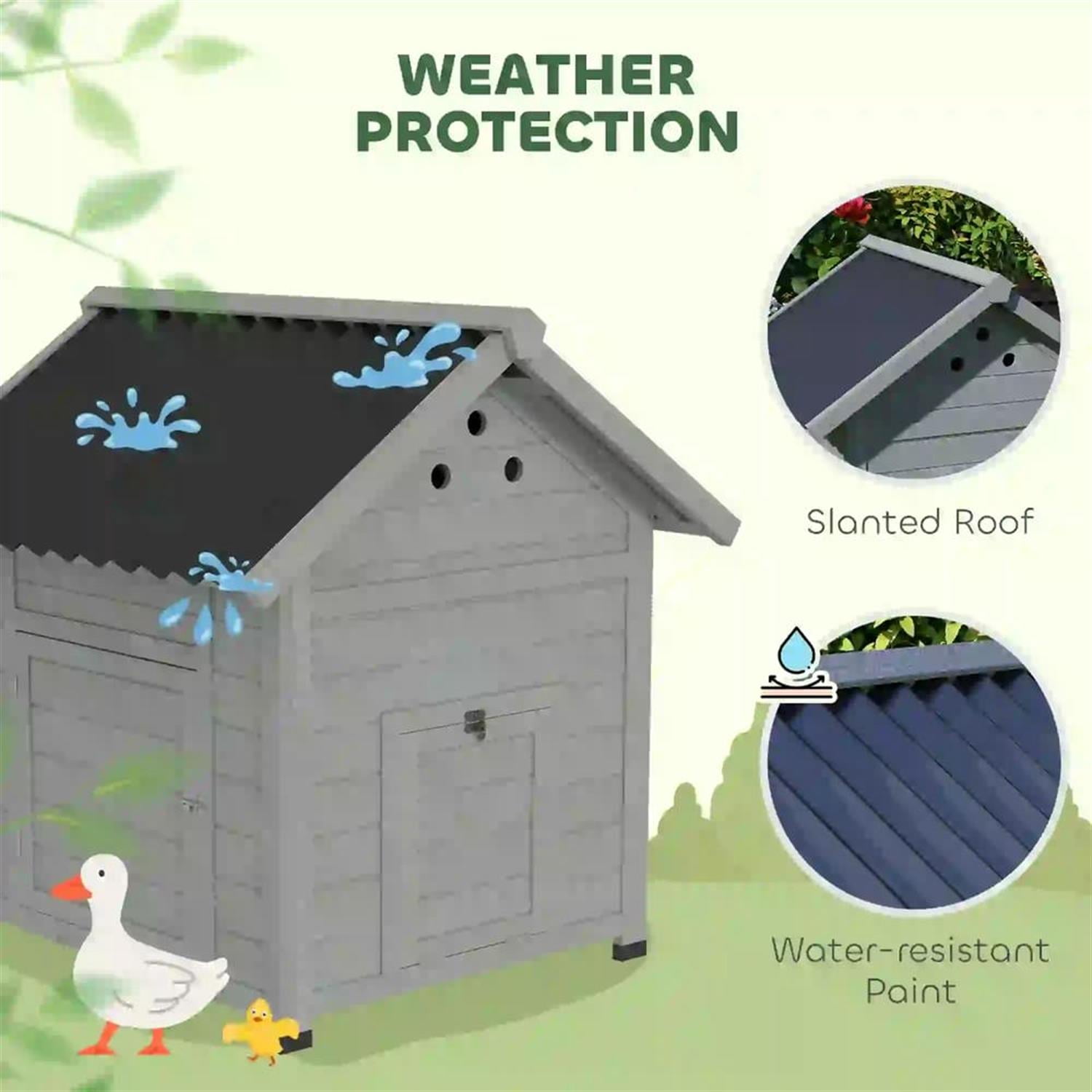 Demi Bonn 30" Wooden Duck House with Openable Roof & Double Doors, Outdoor Chicken Coop, Large Rabbit Hutch, Gray
