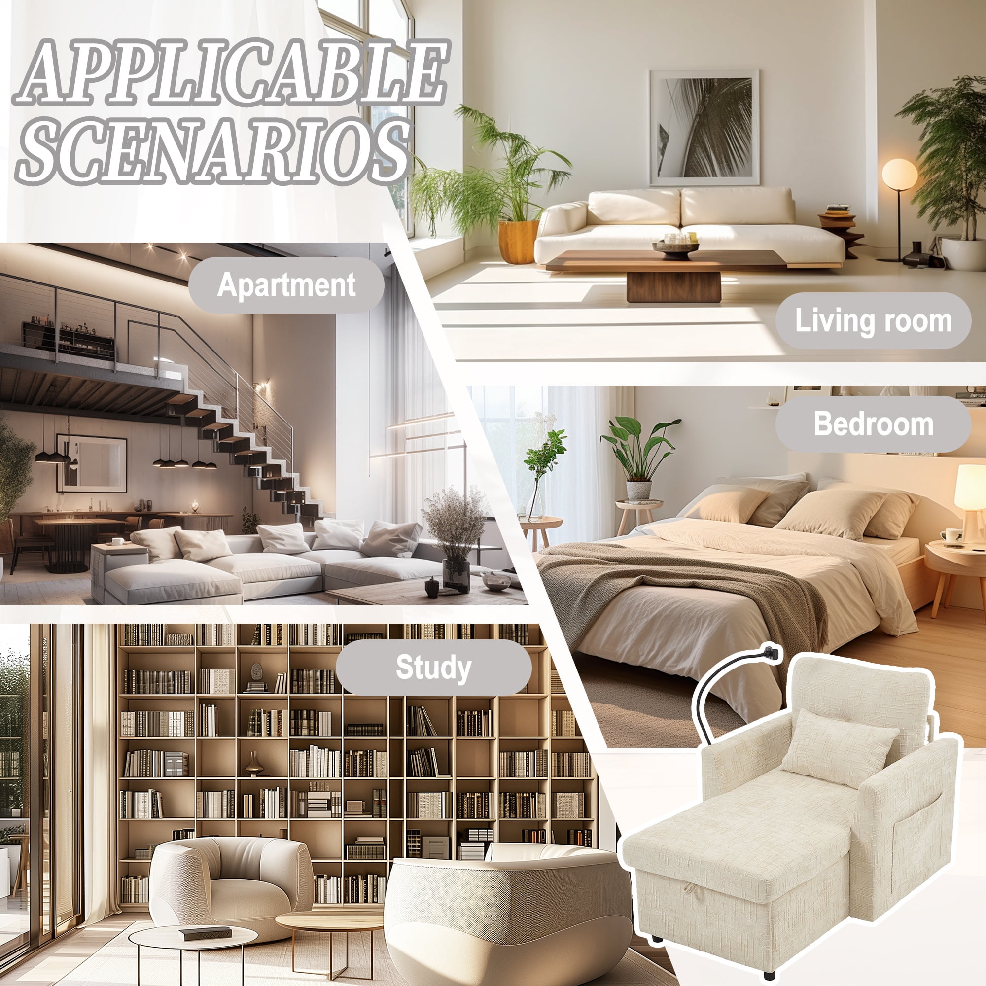 Aukfa Storage Chaise Lounge Single Sofa with Phone Holder and Pillow for Living Room Bedroom, Chenille, Beige
