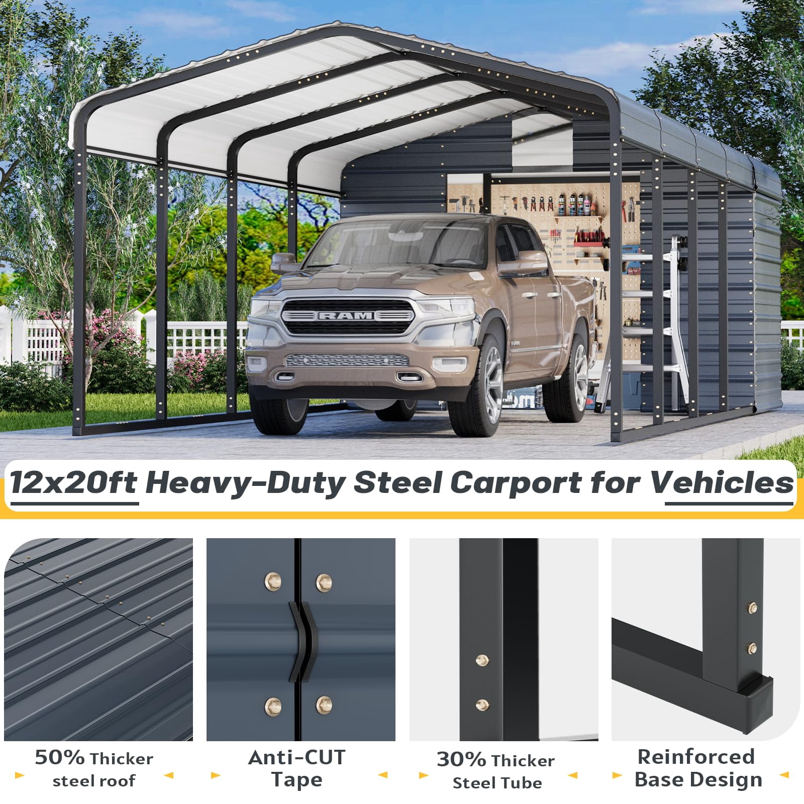Mellcom 12'x25' Outdoor Meatl Carport Garage 2-in-1, Heavy Duty Carport with Galvanized Metal Frame, Enclosed Storage Shelter for Trucks, Cars，SUVS& All Vehicles, Gray
