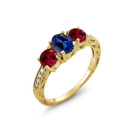 Blue Sapphire Ruby Ring - 3.12 Ct Blue Simulated Sapphire Red Created Ruby 18K Yellow Gold Plated Silver Ring