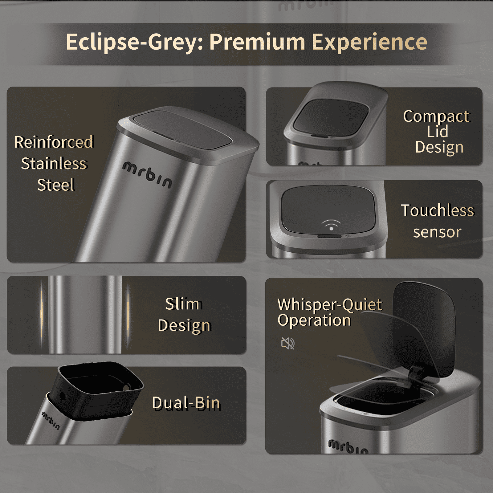 MRBIN Stainless Steel Motion Sensor Trash Can Bathroom, 10L / 2.6gal Slim Garbage Can with Lid Smart Trash Bin, Automatic Garbage Bin Touchless for Restroom, Vanity, Rv, Eclipse Grey