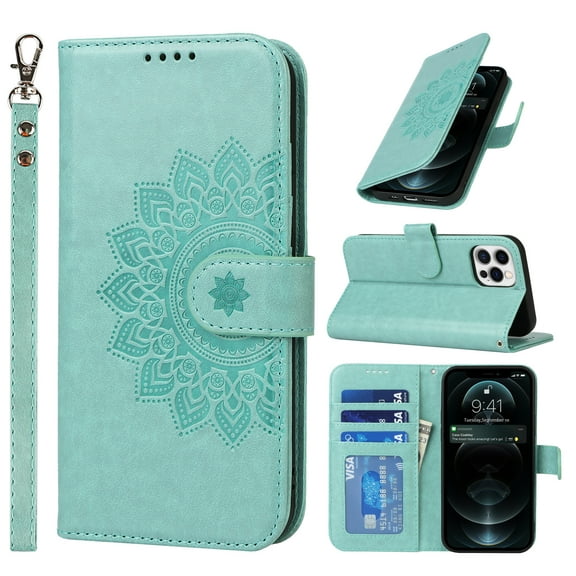 for iPhone 12 Pro / 12 6.1" Wallet Case, with Hand Strap Embossed Mandala Pattern Flower Premium PU Leather Protective Full Flip Phone Case Cover for iPhone 12 Pro / 12 6.1",Green
