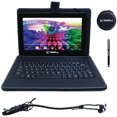 LINSAY 10.1" Touchscreen Quad-Core Tablet PC Featuring Android 4.4 (KitKat) Operating System Super Bundle with Black Keyboard, Earphones and Pen Stylus