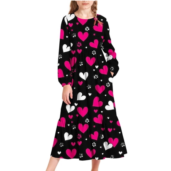 Posijego Girls Valentines Day Dresses 4-15 Years Heart Print Maxi Dress Spring Fall Long Sleeve Tiered Dress for Girls