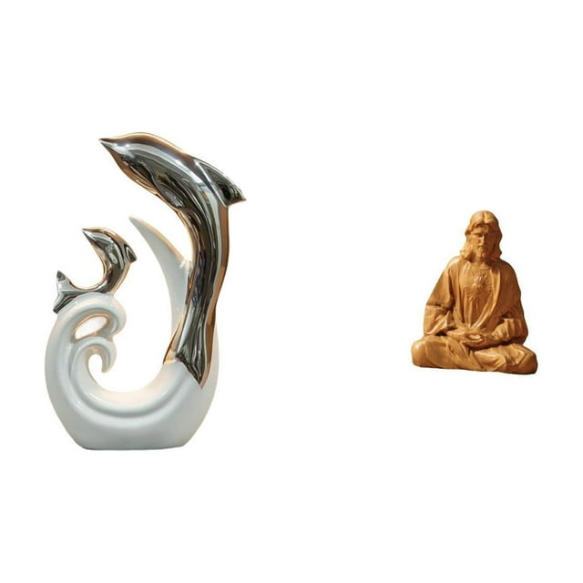 Estatua moderna y abstracta de cerámica con un delfín y el Corazón de Jesús. Ideal para decorar la oficina, la sala de estar, , la