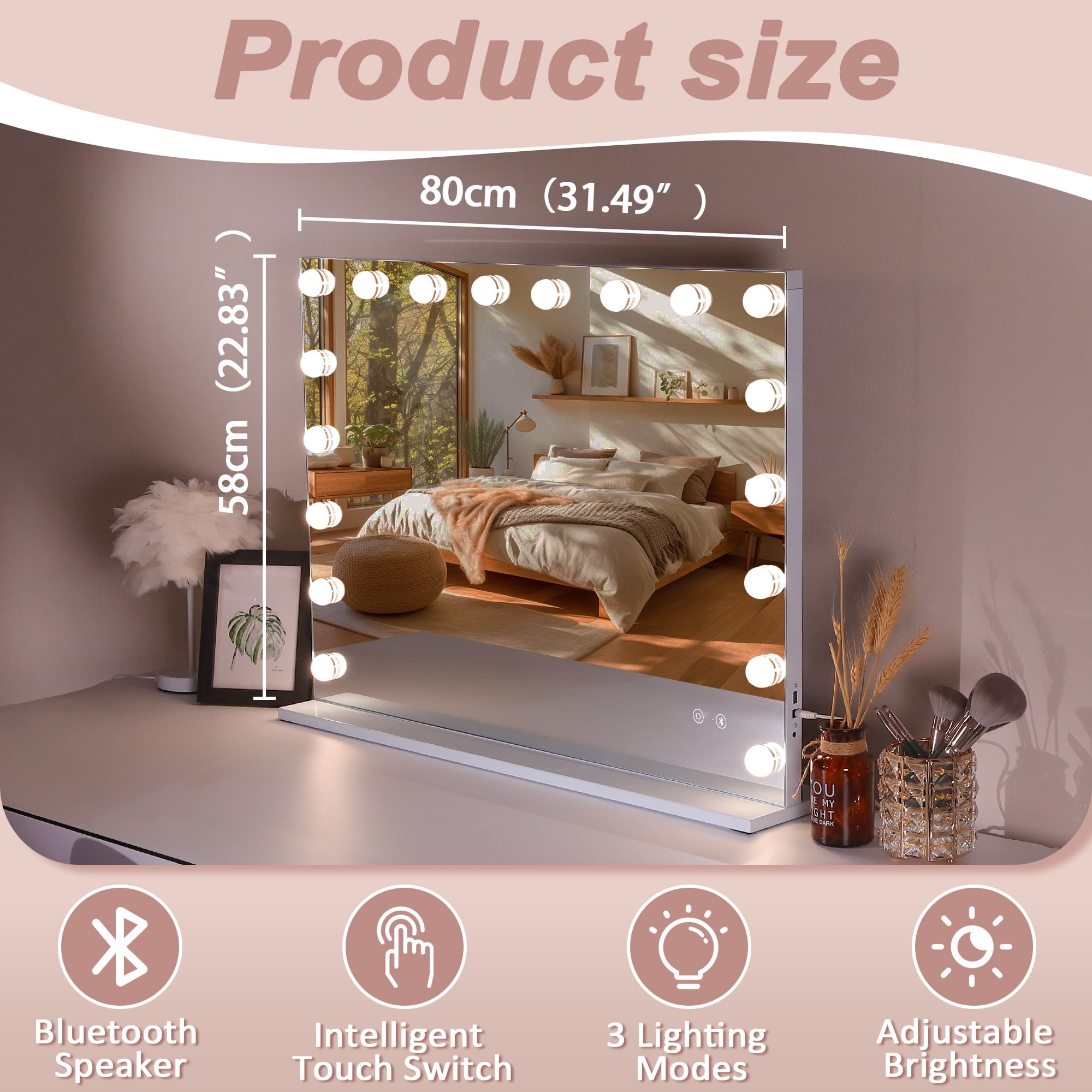 Jopath 31.5"x22.8" Vanity Mirror with Lights,Dimmable 3 Color Modes,Table/Hanging Bluetooth Speaker Mirror with Touch Screen & USB Charge Port for Dressing Table,White