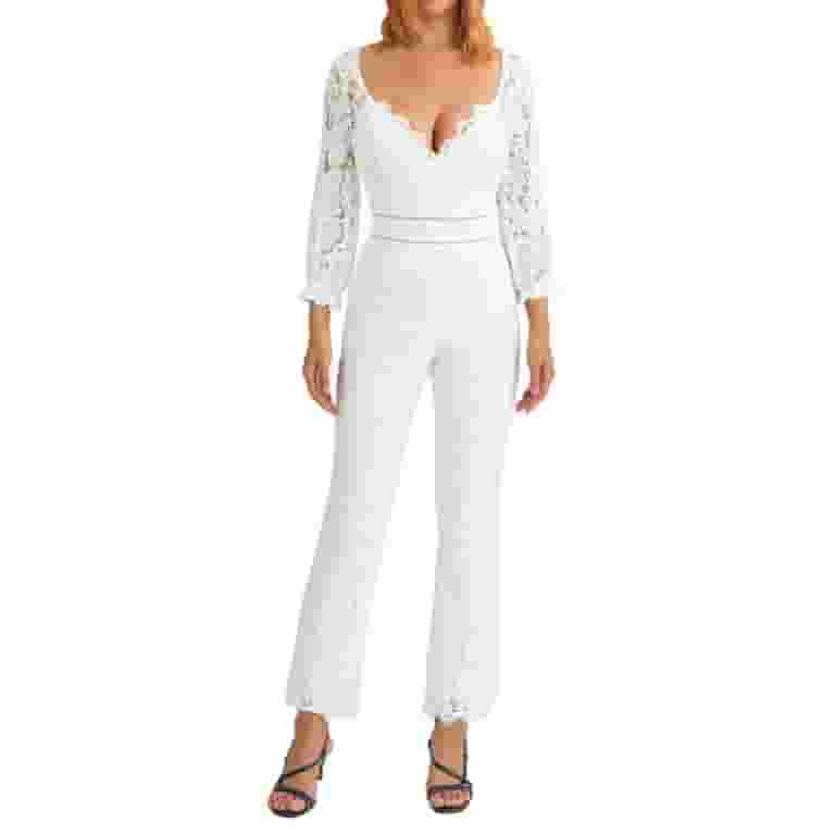 PRENDA☆LACE NECK BUTTON LONG SLEEVE Multitrust Women Wide Leg Jumpsuit Long Sleeve V Neck Floral