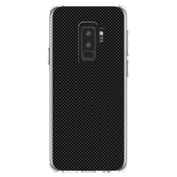 DistinctInk Clear Shockproof Hybrid Case for Samsung Galaxy S9  PLUS (6.2" Screen) - TPU Bumper, Acrylic Back, Tempered Glass Screen Protector - Black Grey Carbon Fiber Printed Design