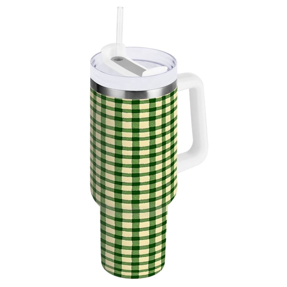 Ryvnso 40 oz Tumbler with Handle and Straw Insulated Stainless Steel Travel Mug with Lid Checkered Grid Pattern