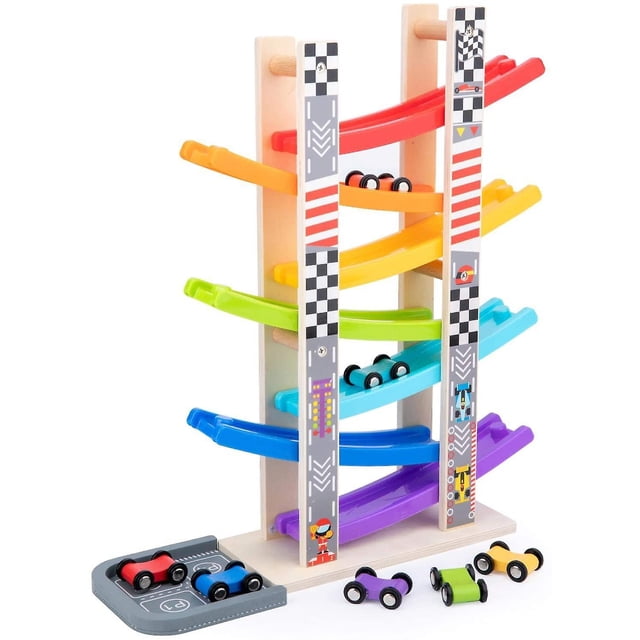 Juguetes para niños pequeños para 1 2 3 años de edad, juego de vehículos de juguete de carreras con rampa de coche de madera con 7 minicoches y pistas de carreras kaili Sencillez