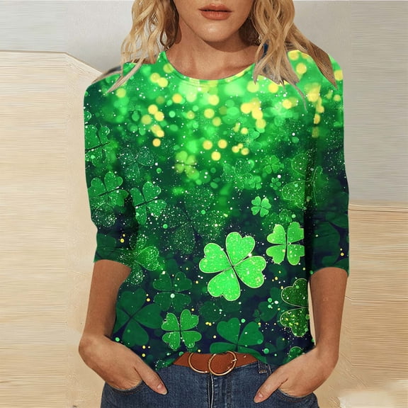 Jsaierl Womens St Patricks Day Shirts Cute Shamrock Graphic Tshirts Funny 3/4 Sleeve Pullover Blouses Irish Spring Round Neck Dressy Casual Tops