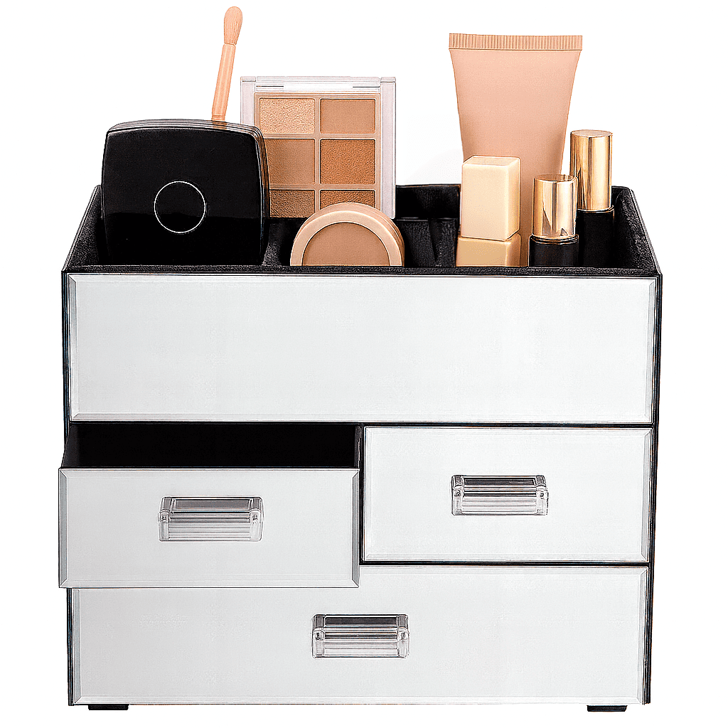 OnDisplay Miro 3 Drawer Mirrored Glass Makeup & Jewelry Organizer – Tiered Vanity Storage Box with Drawers and Velvet Lined Compartments (Silver)
