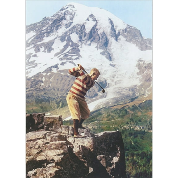 Avanti Press Golfer in Striped Sweater Hitting Golf Ball Off Cliff Near Mount Rainier Funny America Collection Father's Day Card